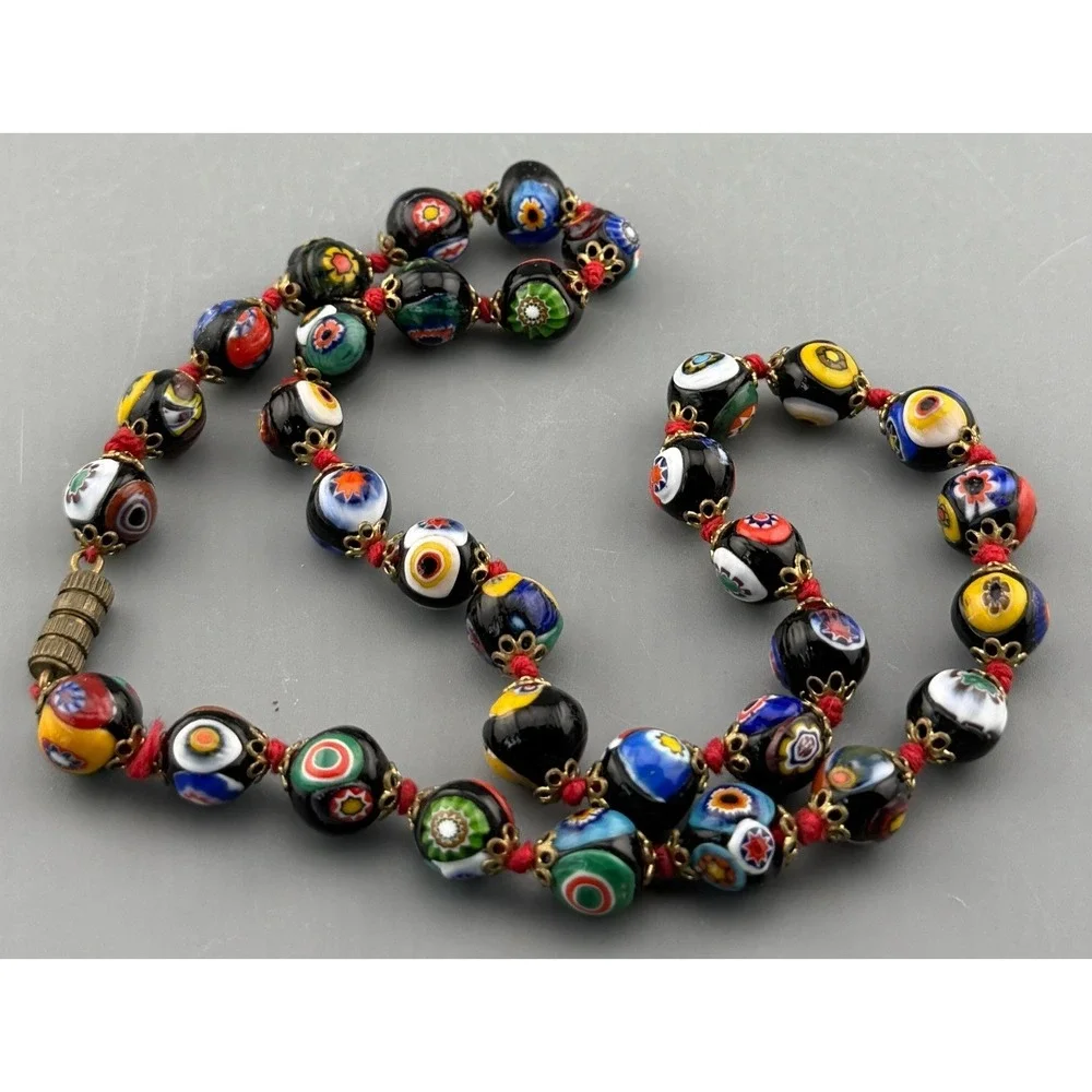 Vintage Venetian Millefiori Necklace Glass Beads Hand Knotted  Barrel Clasp 17